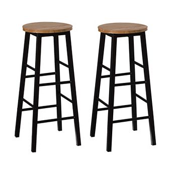 Set of 2 28-Inch Rustic Round Solid Wood Counter-Height Bar Stool with Footrest and Steel Frame