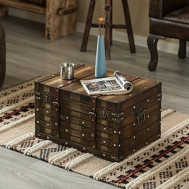 Wooden Storage Trunk with Faux Leather Straps and Handles