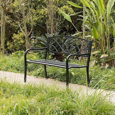 Outdoor Garden Patio Steel Park Bench Lawn Decor with Cast Iron Unique Design Back