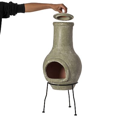 Beige Outdoor Clay Chiminea Outdoor Fireplace Scribbled Design Charcoal Burning Fire Pit with Sturdy Metal Stand, Barbecue, Cocktail Party, Family Gathering, Cozy Nights Fire Pit