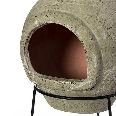 Beige Outdoor Clay Chiminea Outdoor Fireplace Scribbled Design Charcoal Burning Fire Pit with Sturdy Metal Stand, Barbecue, Cocktail Party, Family Gathering, Cozy Nights Fire Pit