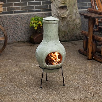 Beige Outdoor Clay Chiminea Outdoor Fireplace Scribbled Design Charcoal Burning Fire Pit with Sturdy Metal Stand, Barbecue, Cocktail Party, Family Gathering, Cozy Nights Fire Pit