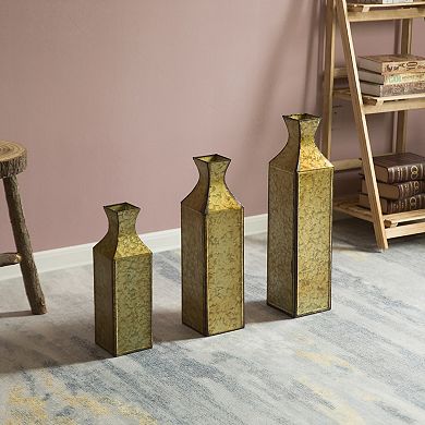 Antique Style Metal Bottle Shape Gold Floor Vase for Entryway, Living Room, or Dining Room, Set of 3