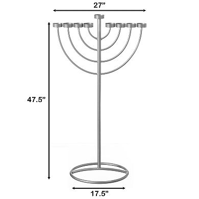 Large Modern Silver 9 Branch Lighting Thin Pipe Hanukkah Menorah, Metal-Aluminum