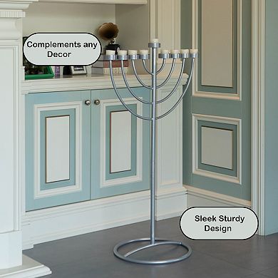 Large Modern Silver 9 Branch Lighting Thin Pipe Hanukkah Menorah, Metal-Aluminum