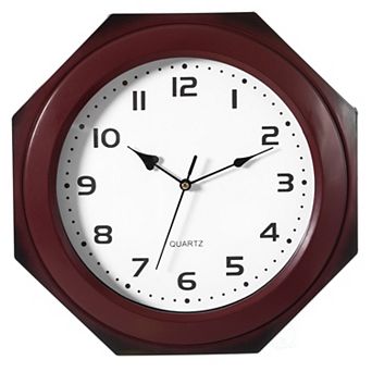 Brown Modern Decorative Octagon Shaped Wood- Looking Plastic Wall Clock for Living Room, Kitchen, or Dining Room