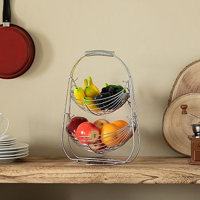 2 Tier Metal Fruit Holder Basket for Kitchen, Detachable Countertop Vegetables Storage Organizer