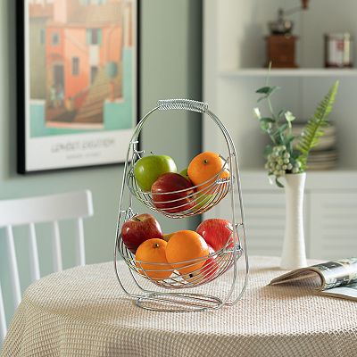 Basicwise 2 Tier Metal Fruit Holder Swing Basket for Kitchen Detachable Countertop Vegetables Storage Organizer with Display Hammock Stand