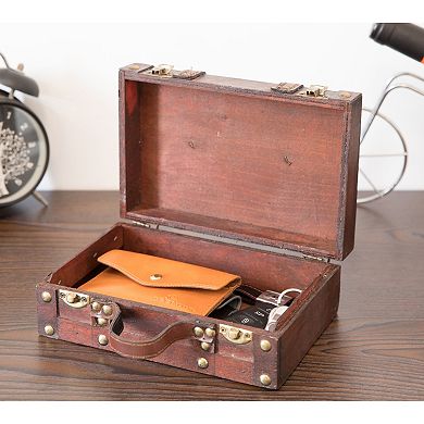 Antique Style Small Wooden Suitcase With Leather Straps and Handle