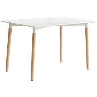 Mid-Century Modern Rectangular 4 Ft. Dining Table with White Plastic Tabletop and Solid Beech Wood Legs