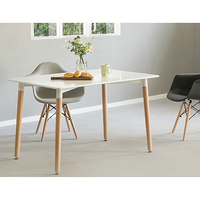 Mid-Century Modern Rectangular 4 Ft. Dining Table with White Plastic Tabletop and Solid Beech Wood Legs