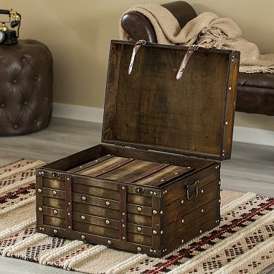 Wooden Storage Trunk with Faux Leather Straps and Handles