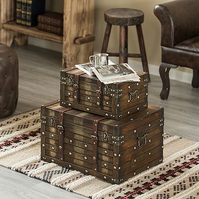 Wooden Storage Trunk with Faux Leather Straps and Handles