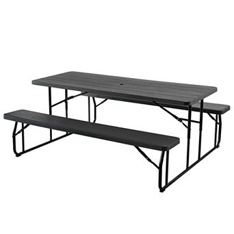 Outdoor Foldable Woodgrain Picnic Table Set with Metal Frame