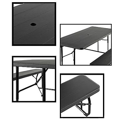 Outdoor Foldable Woodgrain Picnic Table Set with Metal Frame