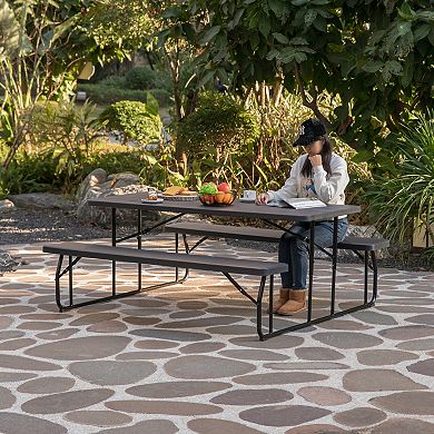 Outdoor Foldable Woodgrain Picnic Table Set with Metal Frame