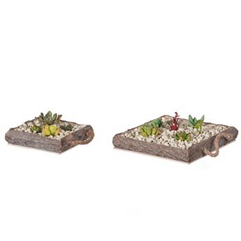 Indoor and Outdoor Set of 2 Vintage Bark Square Wooden Mini Flowerpot Planter