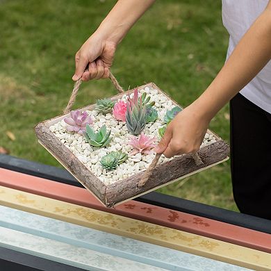Indoor and Outdoor Set of 2 Vintage Bark Square Wooden Mini Flowerpot Planter