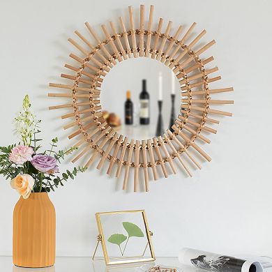 Sunburst Decorative Natural Rattan Wood Round Modern Boho Hanging Wall Mirror