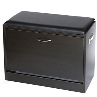 Black Wooden Fold-out Shoe Organizer - Shoe Storage Bench with Leather Cushion