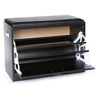 Black Wooden Fold-out Shoe Organizer - Shoe Storage Bench with Leather Cushion