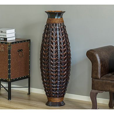 Tall Bamboo Floor Standing Vase with Wicker Woven Design