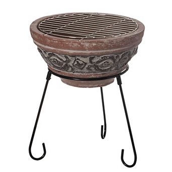 Outdoor Small Clay Grill Accent Design Charcoal Burning Fire Pit with Sturdy Metal Stand