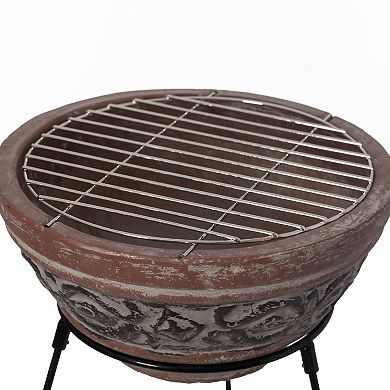 Outdoor Small Clay Grill Accent Design Charcoal Burning Fire Pit with Sturdy Metal Stand