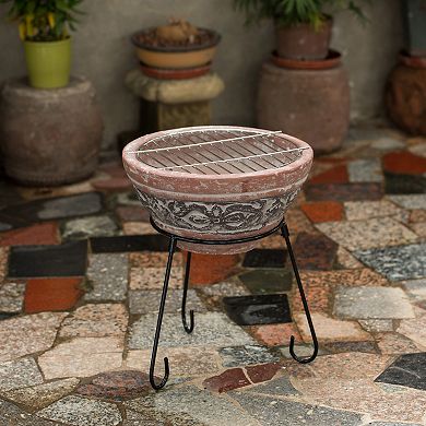 Outdoor Small Clay Grill Accent Design Charcoal Burning Fire Pit with Sturdy Metal Stand