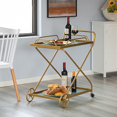Gold Metal Wine Bar Serving Cart with Rolling Wheels and Handles for Dining, Living room or Entryway
