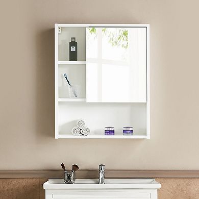 Wall Mount Bathroom Mirrored Storage Cabinet with Open Shelf , 2 Adjustable Shelves Medicine Organizer Storage Furniture for Bathrooms, Kitchens, and Laundry Room