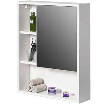 Wall Mount Bathroom Mirrored Storage Cabinet with Open Shelf , 2 Adjustable Shelves Medicine Organizer Storage Furniture for Bathrooms, Kitchens, and Laundry Room