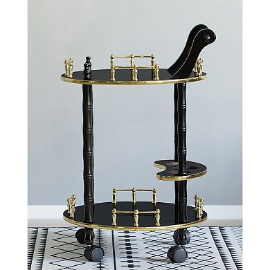 Round Wood Serving Bar Cart Tea Trolley With 2 Tier Shelves And Rolling Wheels