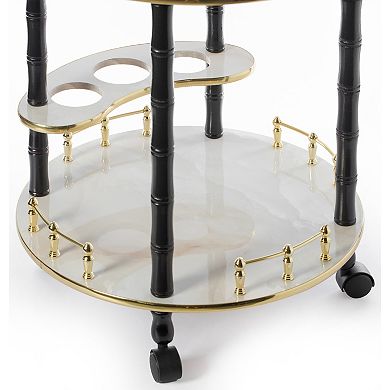 Round Wood Serving Bar Cart Tea Trolley With 2 Tier Shelves And Rolling Wheels
