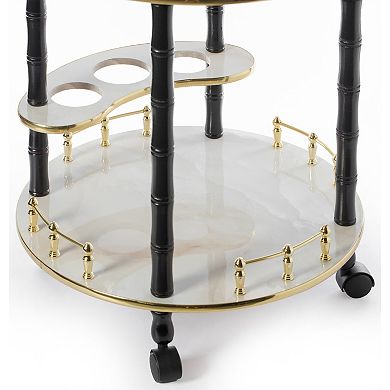 Round Wood Serving Bar Cart Tea Trolley with 2 Tier Shelves and Rolling Wheels