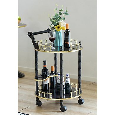 Round Wood Serving Bar Cart Tea Trolley with 2 Tier Shelves and Rolling Wheels