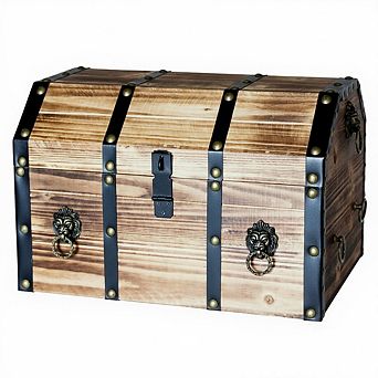 Vintiquewise Wooden Treasure Chest Box with Leather Straps, Brass Rivets & Lion Head Ornaments