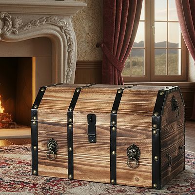 Vintiquewise Wooden Treasure Chest Box with Leather Straps, Brass