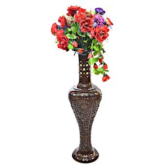 Antique Decorative Hand Curved Mango Wood Floor Flower Vase with Unique Textured Pattern