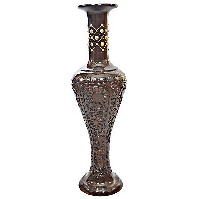 Antique Decorative Hand Curved Mango Wood Floor Flower Vase with Unique Textured Pattern