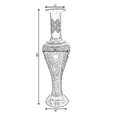 Antique Decorative Hand Curved Mango Wood Floor Flower Vase with Unique Textured Pattern