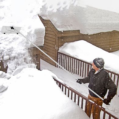 Quickway Imports Snow Rake Shovel, Aluminum Snow & Leaf Removal Tool & Pusher Scraper for House Roof & Car with 24” Rolling Blade, Lightweight 5-21’ Telescoping Extendable Handle & Nonslip Grip