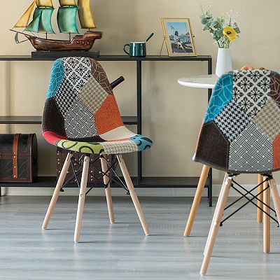 Modern Fabric Patchwork Chair with Wooden Legs for Kitchen, Dining
