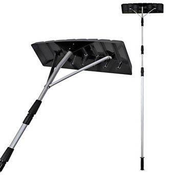 Snow Rake Shovel, Aluminum Snow & Leaf Removal Tool & Pusher Scraper for House Roof & Car with 24” Rolling Blade, Lightweight 5-21’ Telescoping Extendable Handle & Nonslip Grip