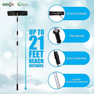 Snow Rake Shovel, Aluminum Snow & Leaf Removal Tool & Pusher Scraper for House Roof & Car with 24” Rolling Blade, Lightweight 5-21’ Telescoping Extendable Handle & Nonslip Grip