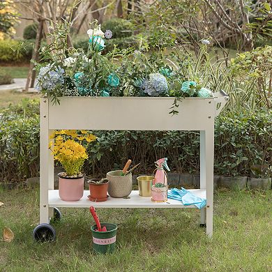 Mobile Planter Raised Garden Bed Rectangular Flower Cart with Shelf