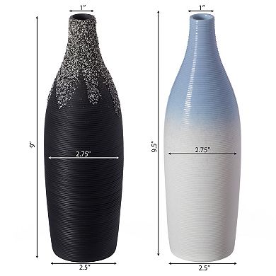 Modern Decorative Ceramic Table Vase Ripped Design Bottle Shape Flower Holder, Set of 2