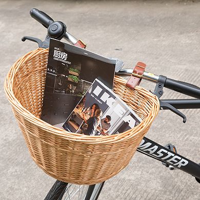 Wicker Front Bike Basket with Faux Leather Straps