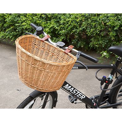 Wicker Front Bike Basket with Faux Leather Straps
