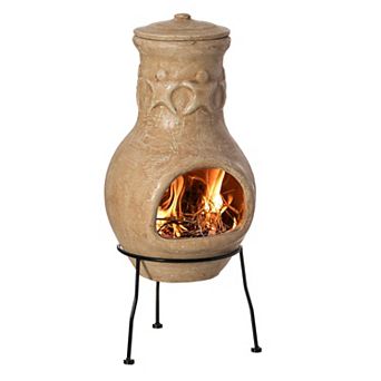Beige Outdoor Clay Chiminea Outdoor Fireplace Maya Design Charcoal Burning Fire Pit with Sturdy Metal Stand, Barbecue, Cocktail Party, Family Gathering, Cozy Nights Fire Pit